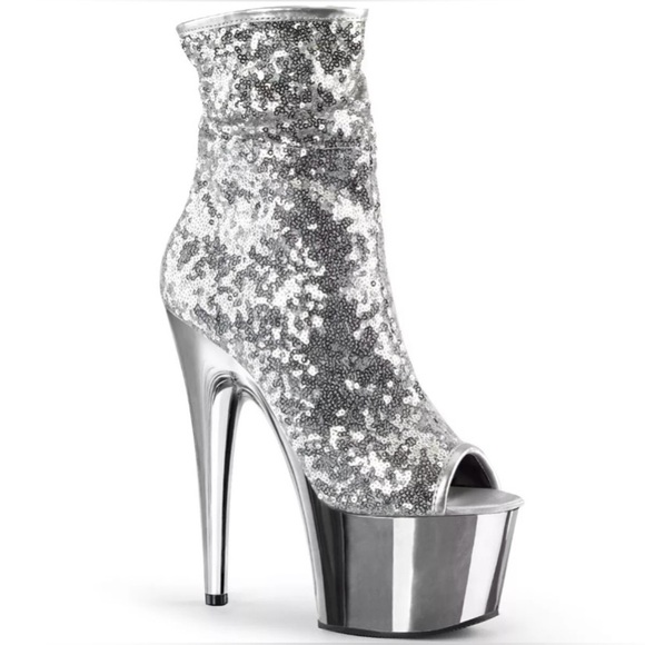 Pleaser Shoes - 🦋B2G1🦋PLEASER 7" Heel Platform Silver Sequins/Chrome  Peep Toe Side Zip Stiletto